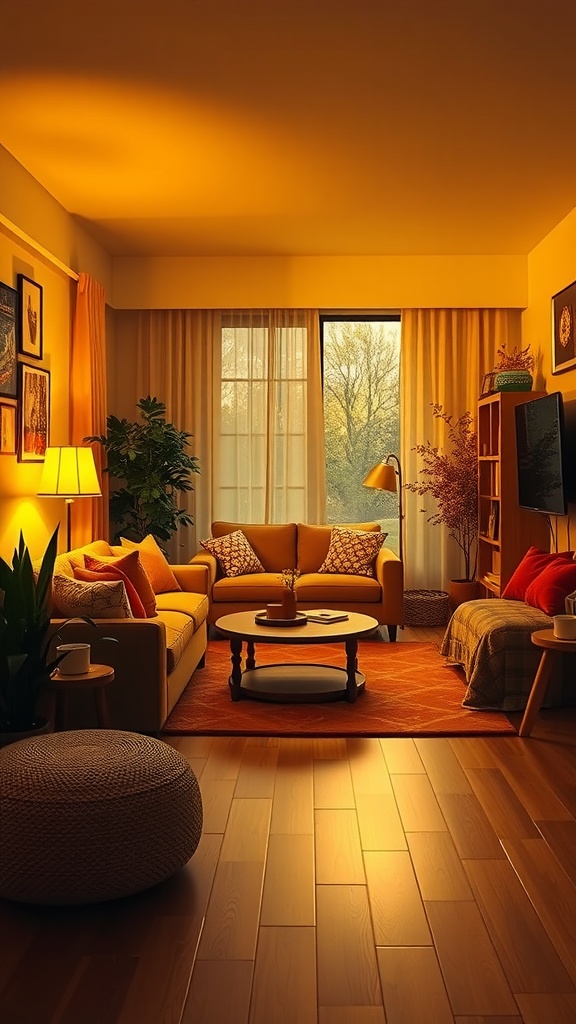 A cozy living room with yellow lighting, a sofa, coffee table, and plants.