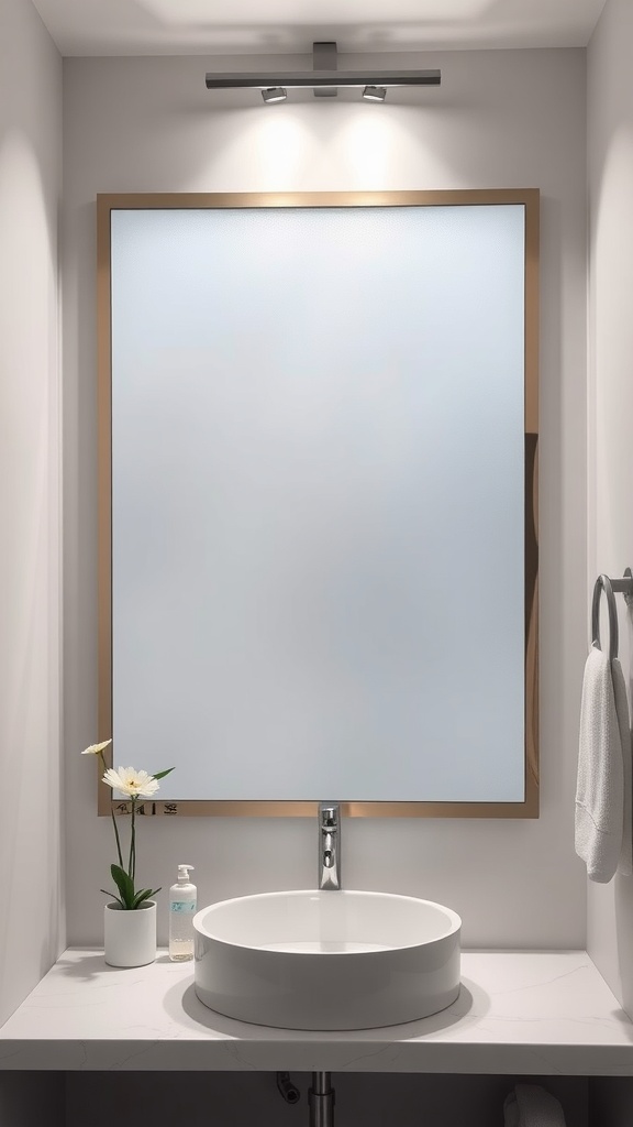 A modern bathroom with a heated mirror, round sink, and a small plant.