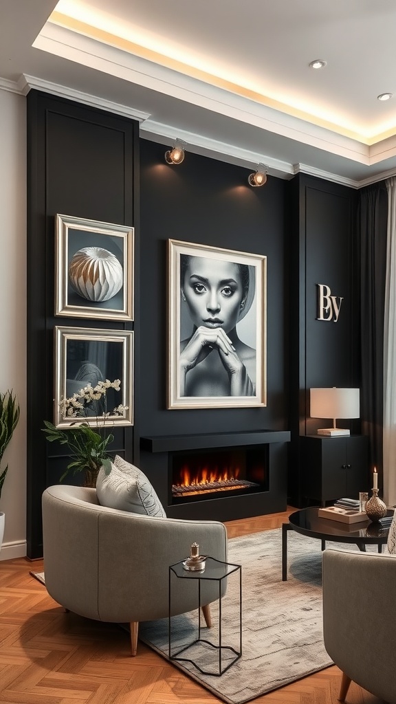 Sophisticated living room with a black accent wall, featuring framed artworks, cozy furniture, and warm lighting.