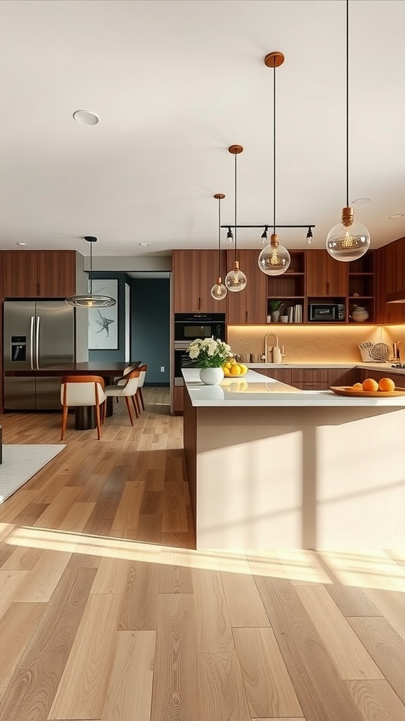 A modern open kitchen with bar seating featuring stylish pendant lights, wooden flooring, and a sleek island.