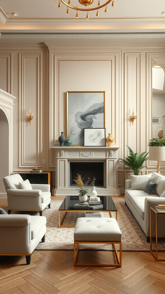 Living room with beige walls, gold accents, and elegant furniture