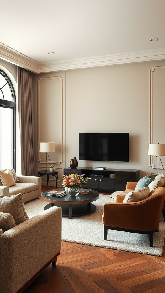 A sophisticated living room featuring beige tones and dark accents, with stylish furniture and elegant decor.