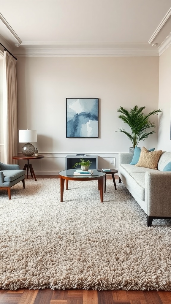 A sophisticated beige living room with textured rug, stylish furniture, and blue accents