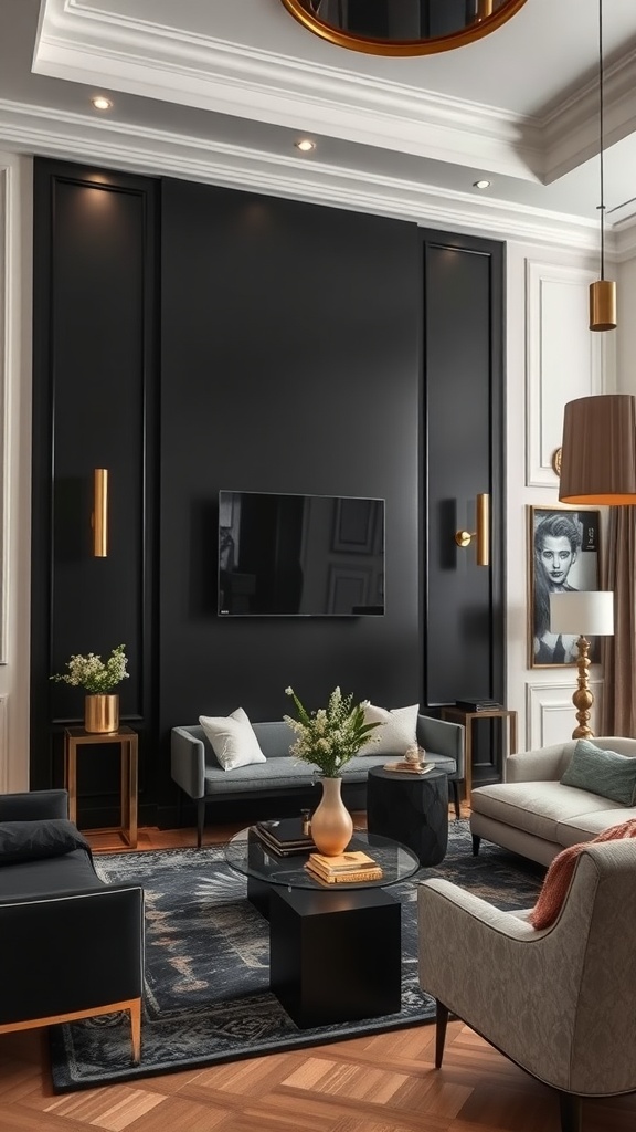 A stylish living room featuring a black accent wall with gold accents, comfortable seating, and a cozy arrangement.