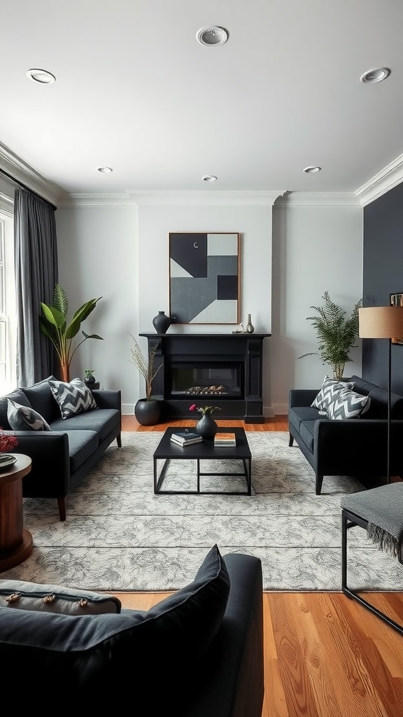 A stylish living room featuring a black and gray color palette, modern furniture, and decorative plants.