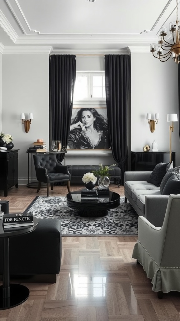 A sophisticated black and white living room featuring a dark curtain, large portrait, and chic furniture.