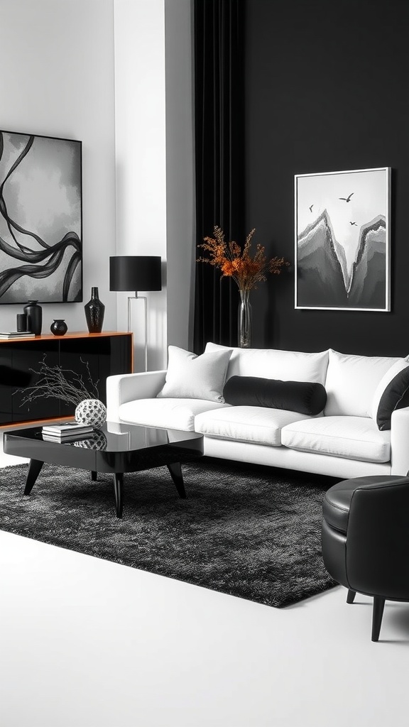 A stylish living room featuring a white couch, black walls, and modern decor, showcasing a sophisticated black and white contrast.