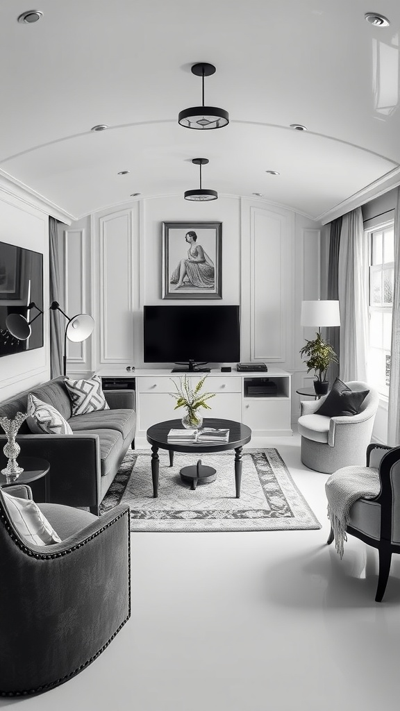 Black and white themed living room in a trailer house, featuring elegant furniture and decor.