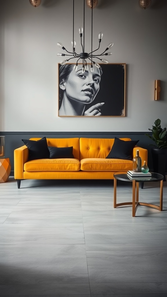 Living room featuring a yellow couch with black accents, modern light fixture, and decorative art.