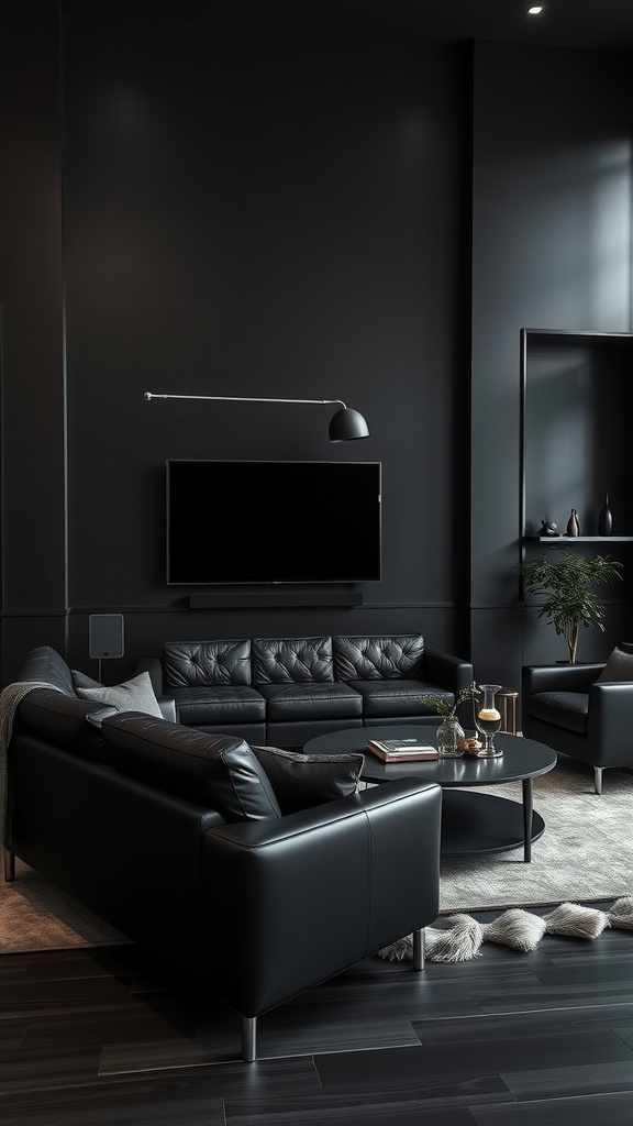 A stylish living room featuring a black leather couch, black walls, and modern decor.