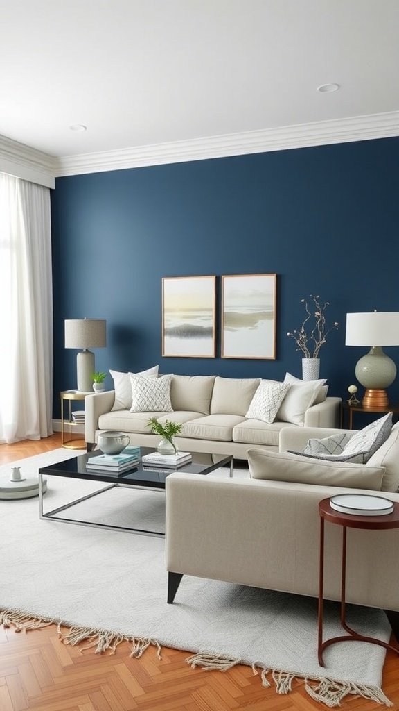 A living room with a blue accent wall, cream sofa, and white decor