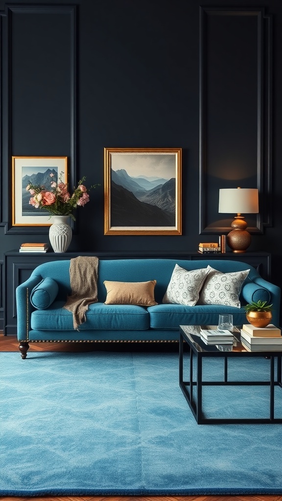 Sophisticated blue couch in a dark living room with decorative elements