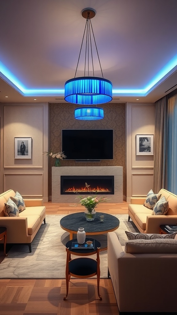 A living room featuring sophisticated blue lighting fixtures, including pendant lights and LED accents.