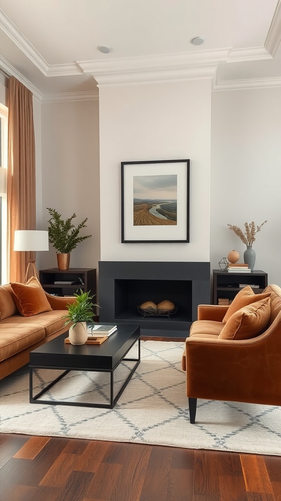 A sophisticated living room featuring brown sofas, a black coffee table, and cream walls, with a modern fireplace and artistic decor.