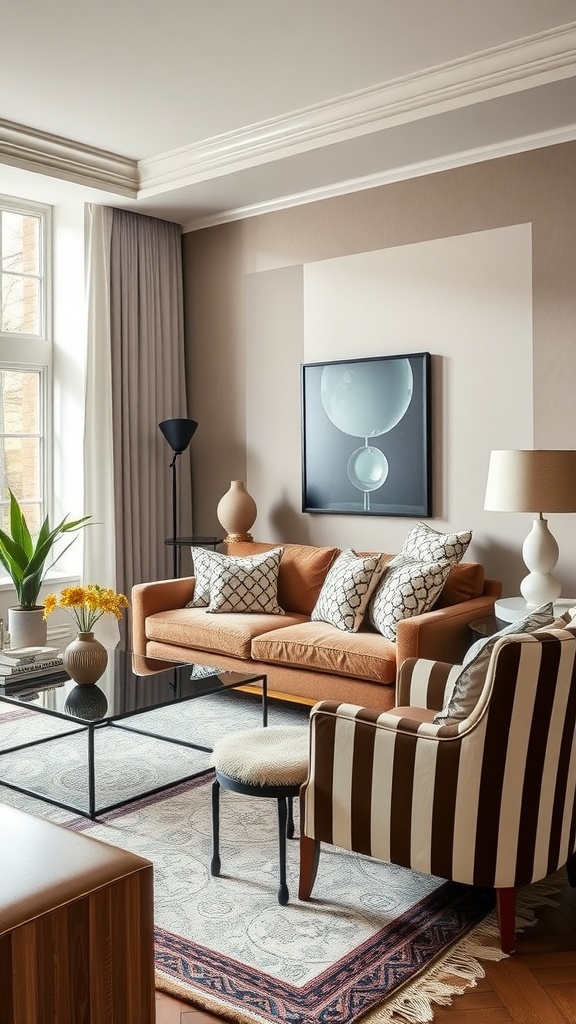 A sophisticated living room featuring a brown and white striped armchair, a modern coffee table, and a cozy sofa with patterned cushions.