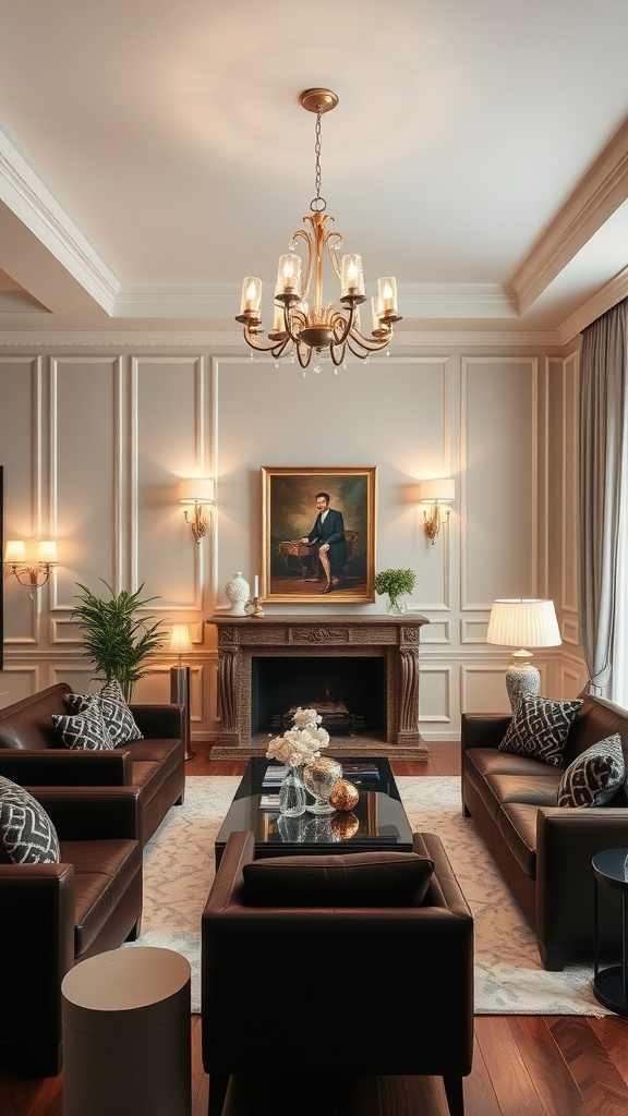 Sophisticated living room featuring dark leather furniture, white decor, and elegant lighting.