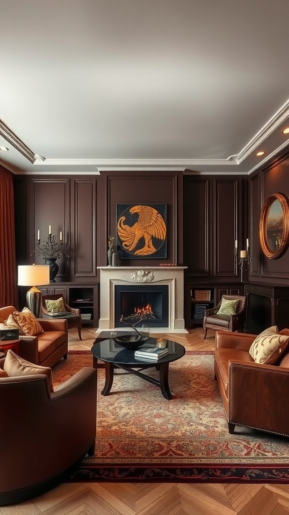 A sophisticated brown living room featuring dark walls, warm brown furniture, and jewel-toned accents.