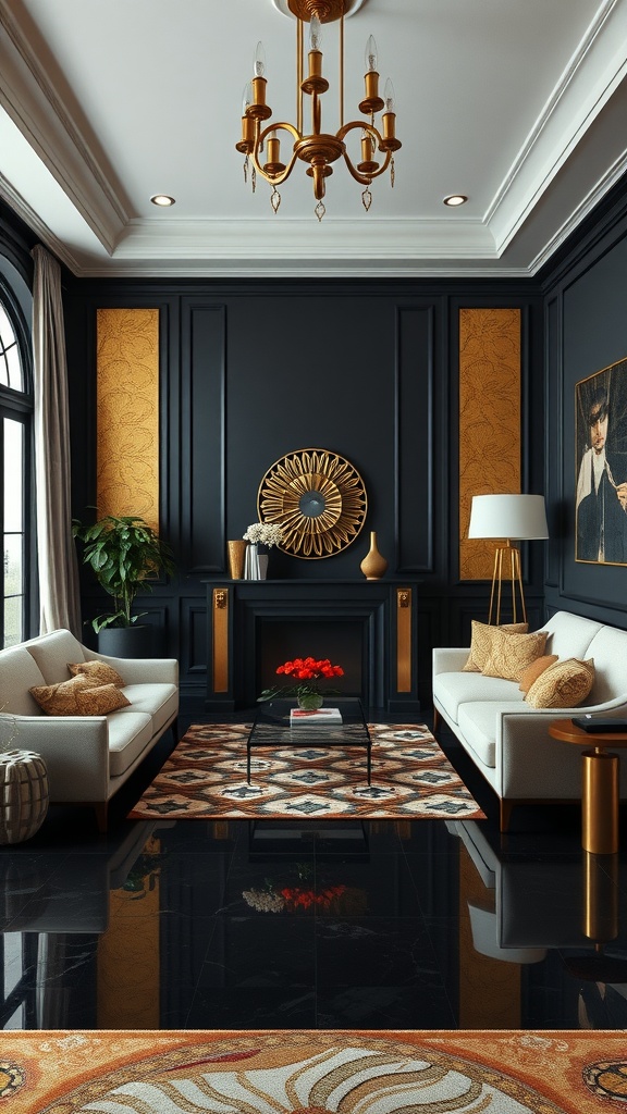 A sophisticated living room featuring black walls and floor, white sofas, gold accents, and a stylish area rug.