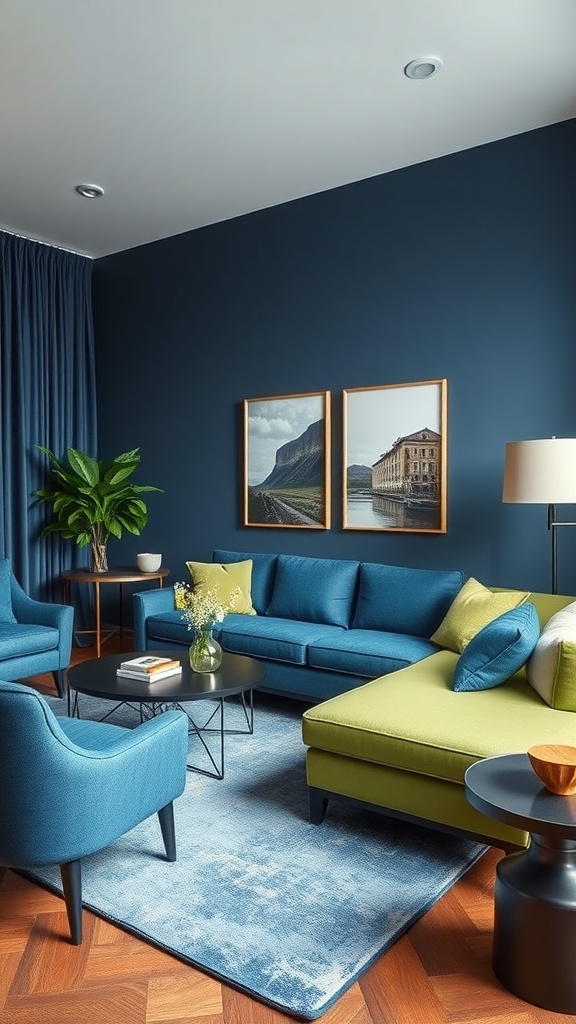 A modern living room featuring blue and green color blocking with a blue wall, blue furniture, and green accents.