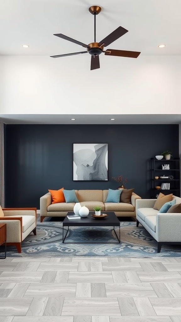 A modern living room featuring color blocking with navy walls and colorful cushions.