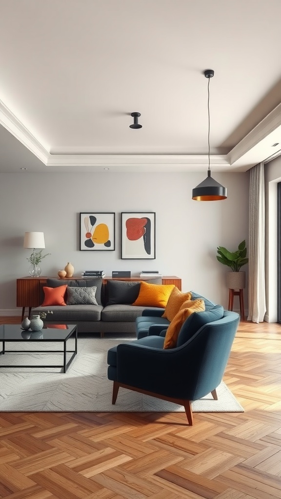 A stylish living room featuring bold color blocking with a blue chair, gray sofa, and colorful pillows