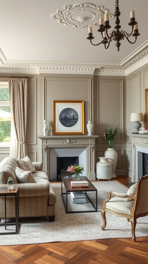 A sophisticated French country living room featuring neutral tones, elegant furniture, and tasteful decor.