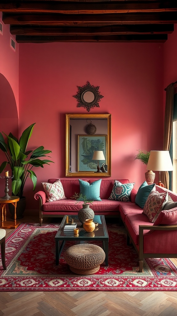 A Moroccan living room with pink walls, a red sofa, decorative pillows, and green plants.