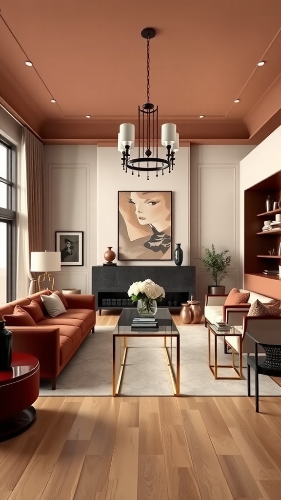 Large living room featuring a terracotta ceiling, elegant furniture, and a warm color palette