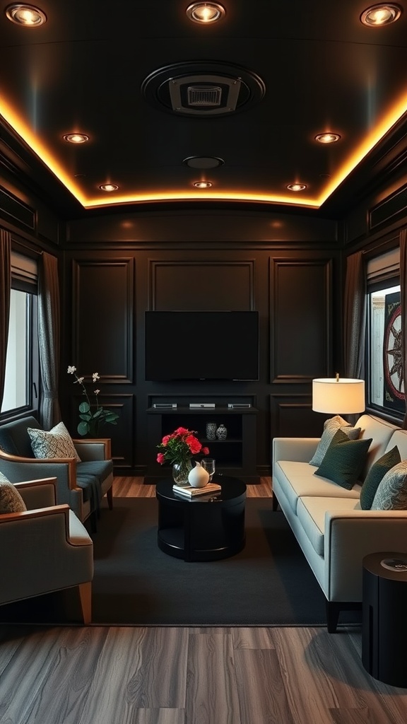 A sophisticated trailer house living room featuring dark tones and warm lighting.