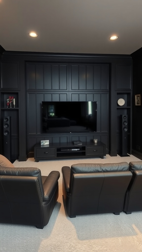 Sophisticated entertainment area with black shiplap walls and leather seating