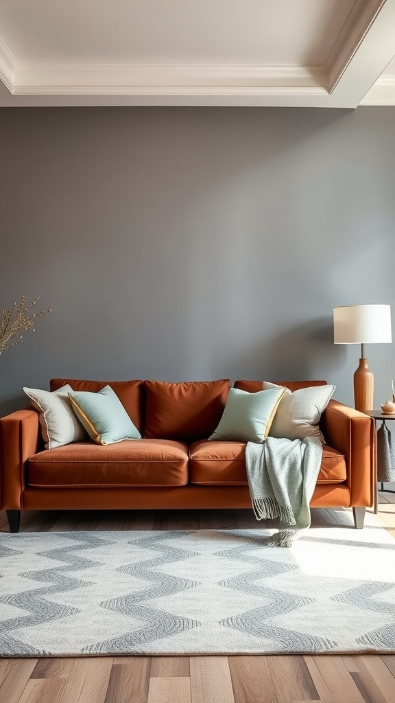 A brown couch with colorful pillows in a living room featuring gray walls and a patterned rug.