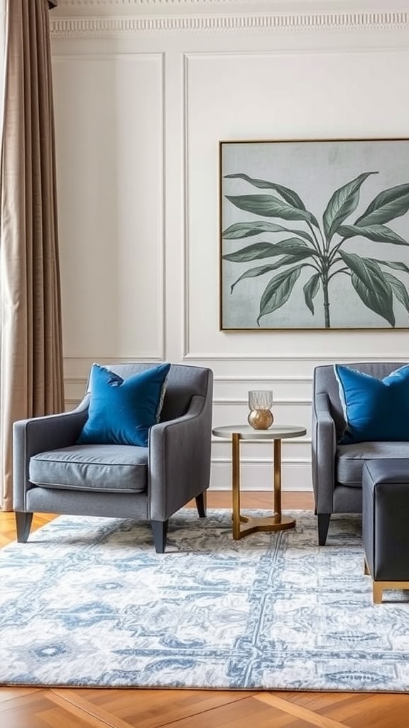 Living room with gray armchairs and blue accent pillows, side table, and wall art