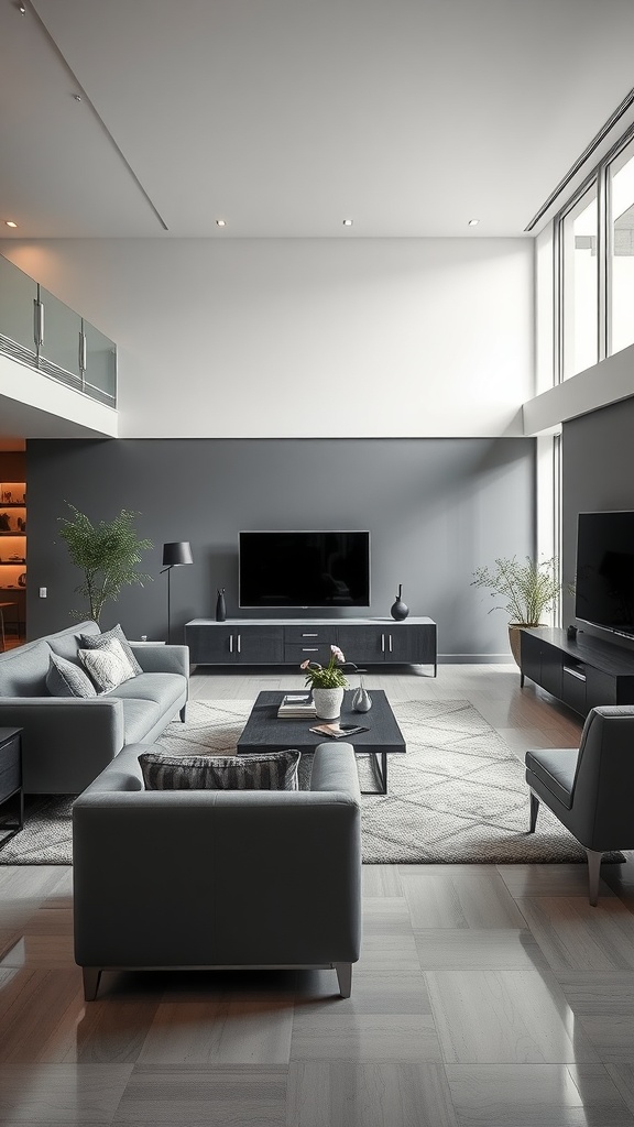 A modern living room featuring gray tones with large windows and sleek furniture