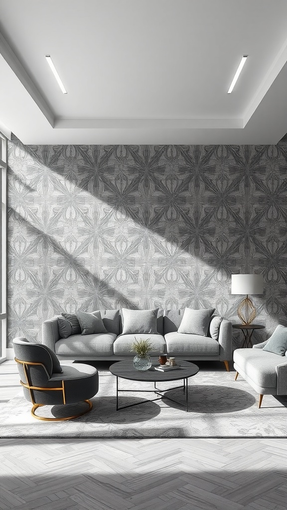 A stylish living room featuring sophisticated grayscale patterned wallpaper, complemented by modern furniture and abundant natural light.