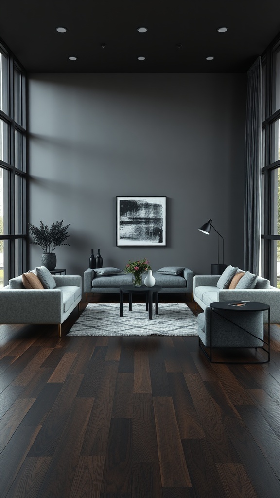 A modern living room featuring a blend of grey furniture and dark wood flooring, with large windows and minimalist decor.