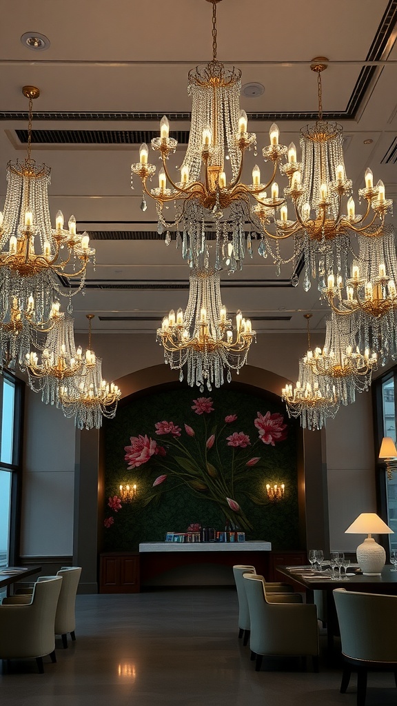 Elegant grey and gold chandeliers with crystal accents in a stylish living room.