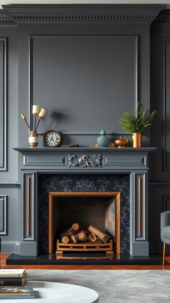 A stylish grey fireplace with gold details and decorative items on the mantel.