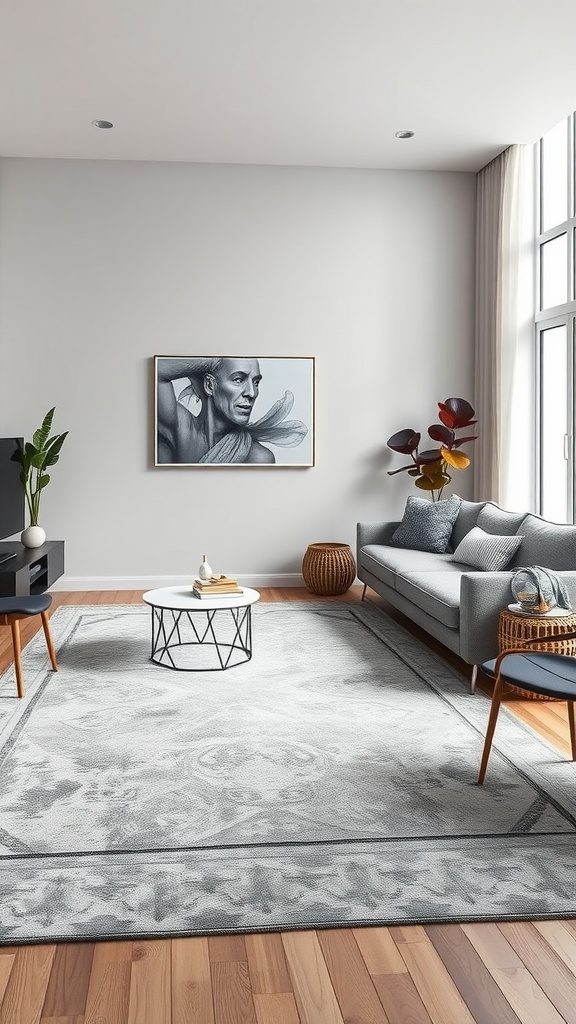 A modern living room featuring a grey rug, grey sofa, and a piece of art on the wall with wooden flooring.