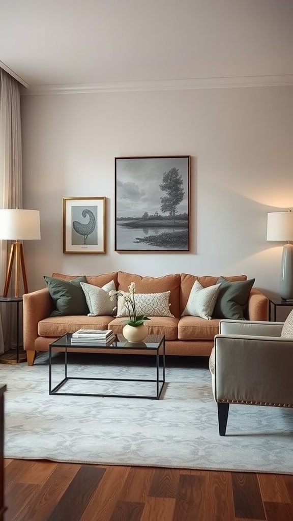 A sophisticated neutral living room with a cozy sofa, decorative cushions, art pieces on the wall, and elegant lighting.