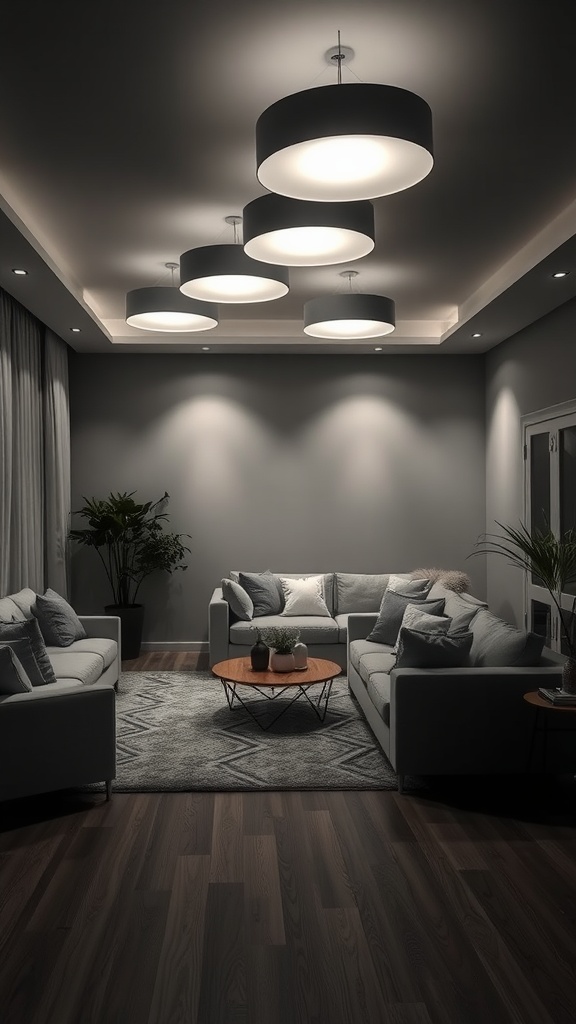 A cozy grey and white living room featuring layered lighting with pendant lights and natural elements.