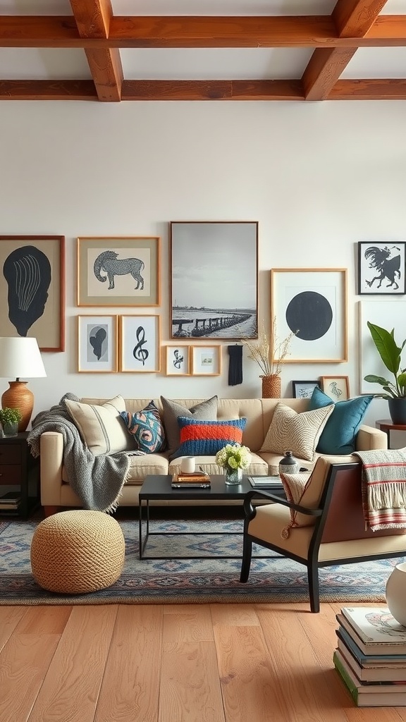 A cozy living room featuring a layered design with a beige sofa, various decorative pillows, a gallery wall of black and white art, and wooden beams on the ceiling.