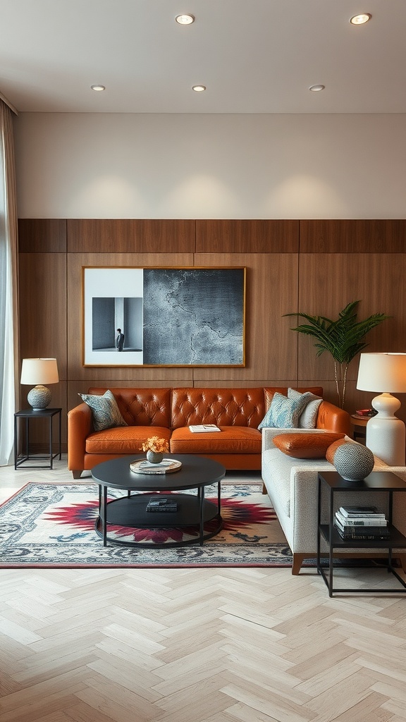 A stylish living room featuring a leather sofa and a decorative rug.