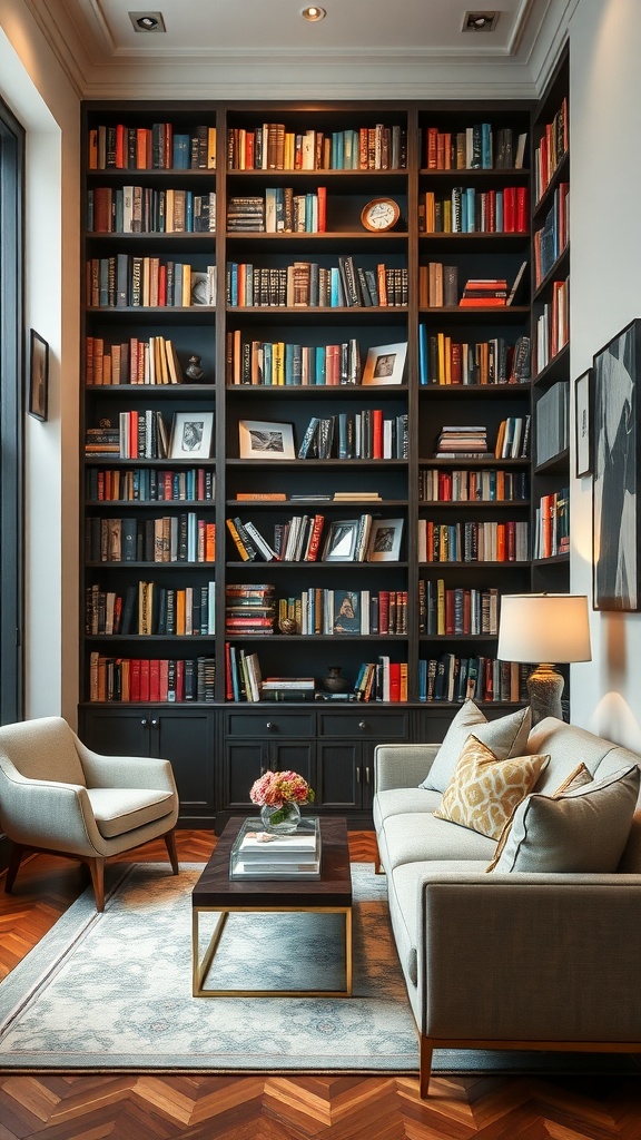 A sophisticated library nook featuring floor-to-ceiling bookshelves filled with colorful books, comfortable seating, and a stylish coffee table.