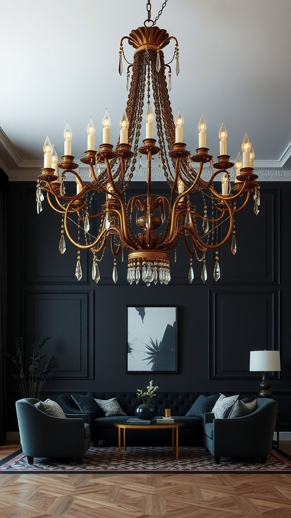 A luxurious black and gold living room featuring an ornate chandelier and stylish furniture