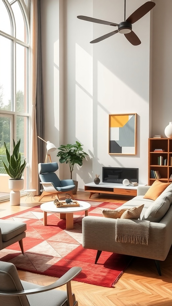 A stylish mid-century modern living room with large windows, a geometric rug, and comfortable furniture.