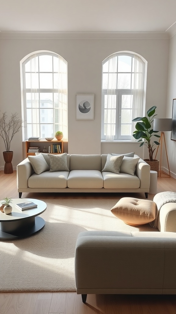 A minimalistic and elegant living room with a light color palette, large windows, and stylish furniture.