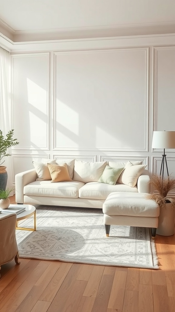 A cozy living room featuring a cream couch with throw pillows, elegant wall molding, and natural light streaming in.