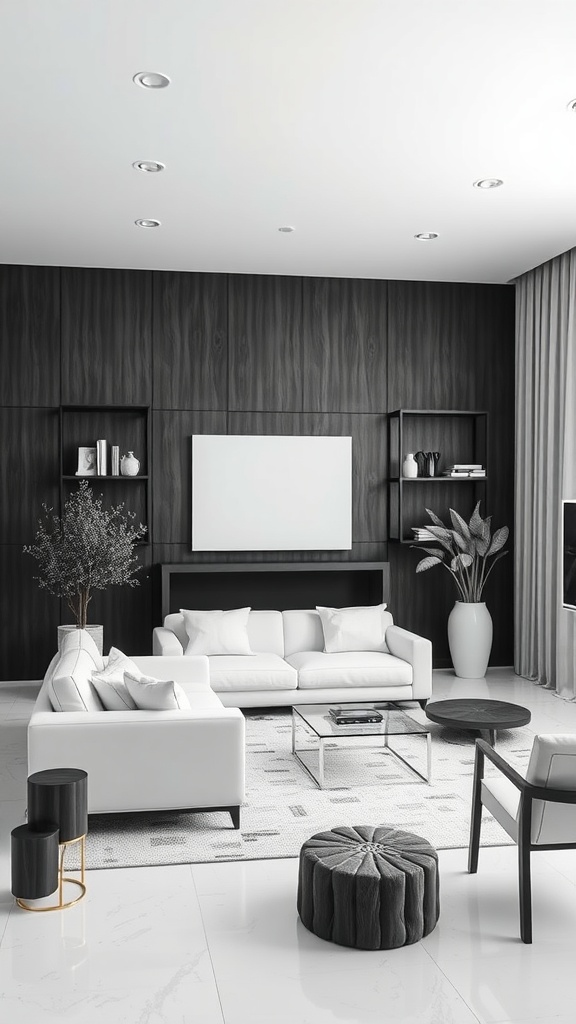 A sophisticated monochrome living room with a white sofa, glass coffee table, and dark wood accents.