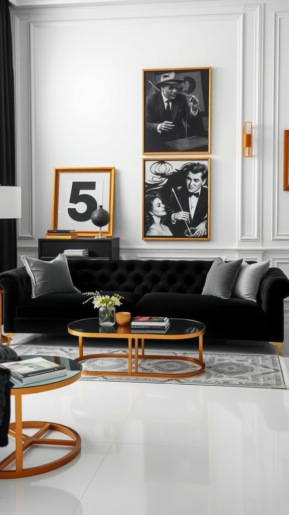 A stylish living room featuring a black velvet sofa with monochrome artwork on the wall, a round black coffee table, and gold accents.