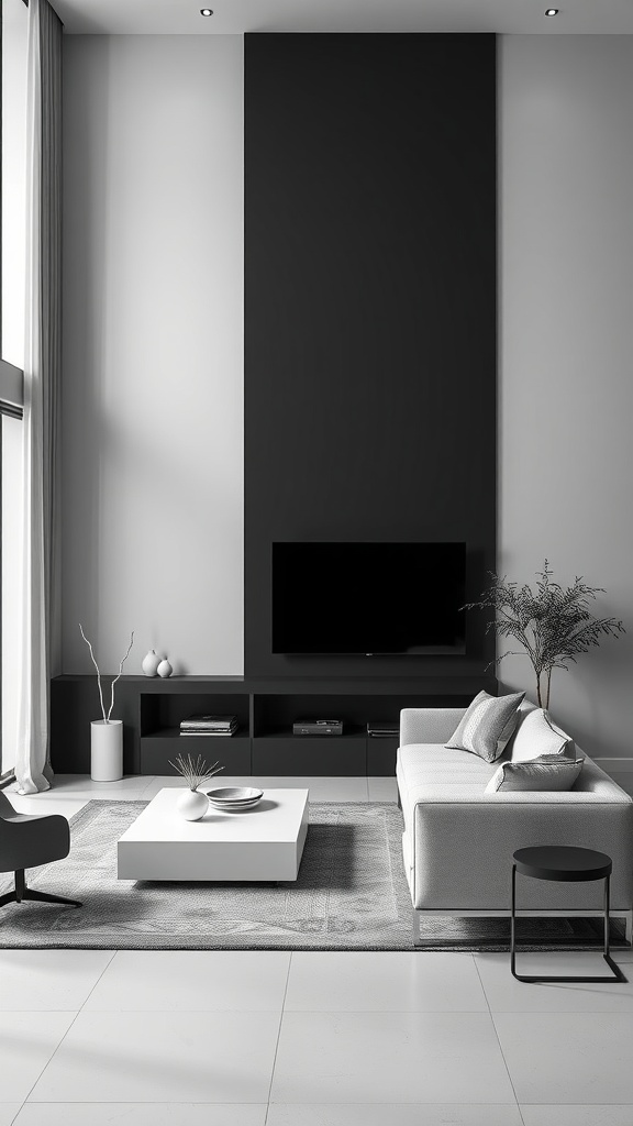 Modern living room with a black accent wall, sleek white furniture, and minimalist decor.